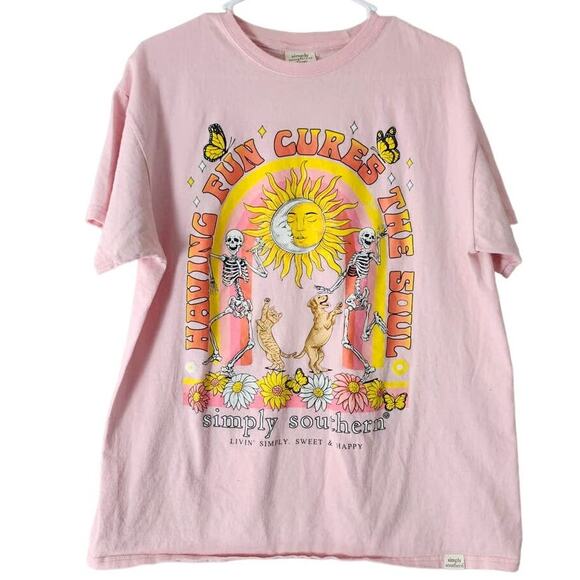 Simply Southern T-Shirt Size Large Short Sleeve Pink Sun Dogs Skeletons - Picture 1 of 4